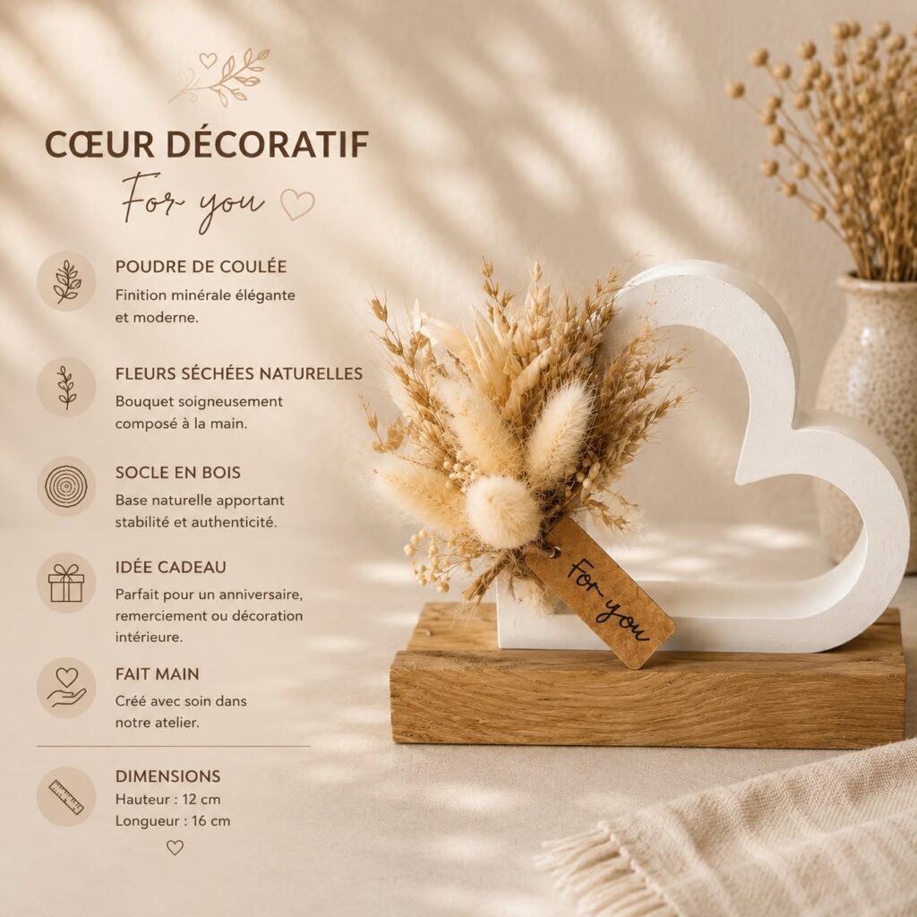 Décoration cœur en bois & fleurs séchées – Cadeau nature personnalisé – Pièce unique