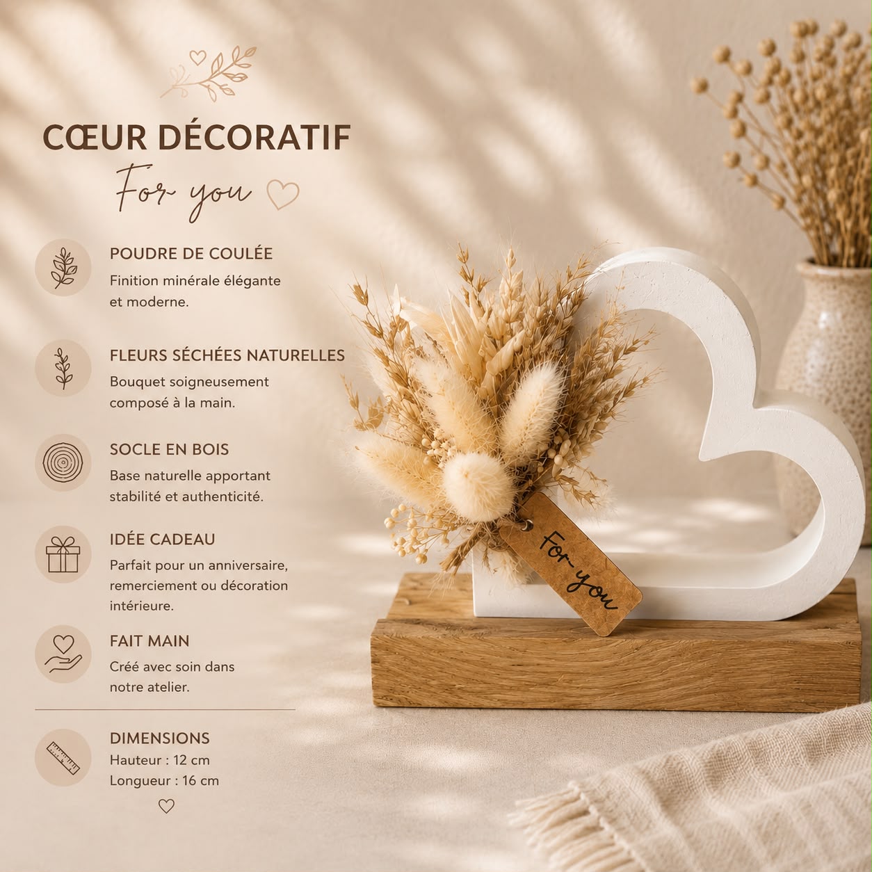 Décoration cœur en bois & fleurs séchées – Cadeau nature personnalisé – Pièce unique