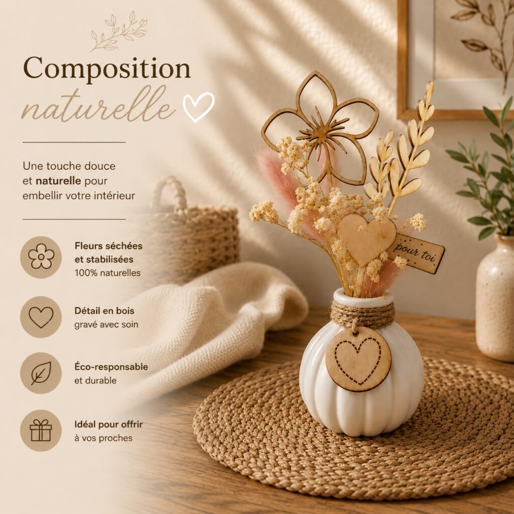 Mini bouquet en fleurs séchées avec décorations en bois dans un vase